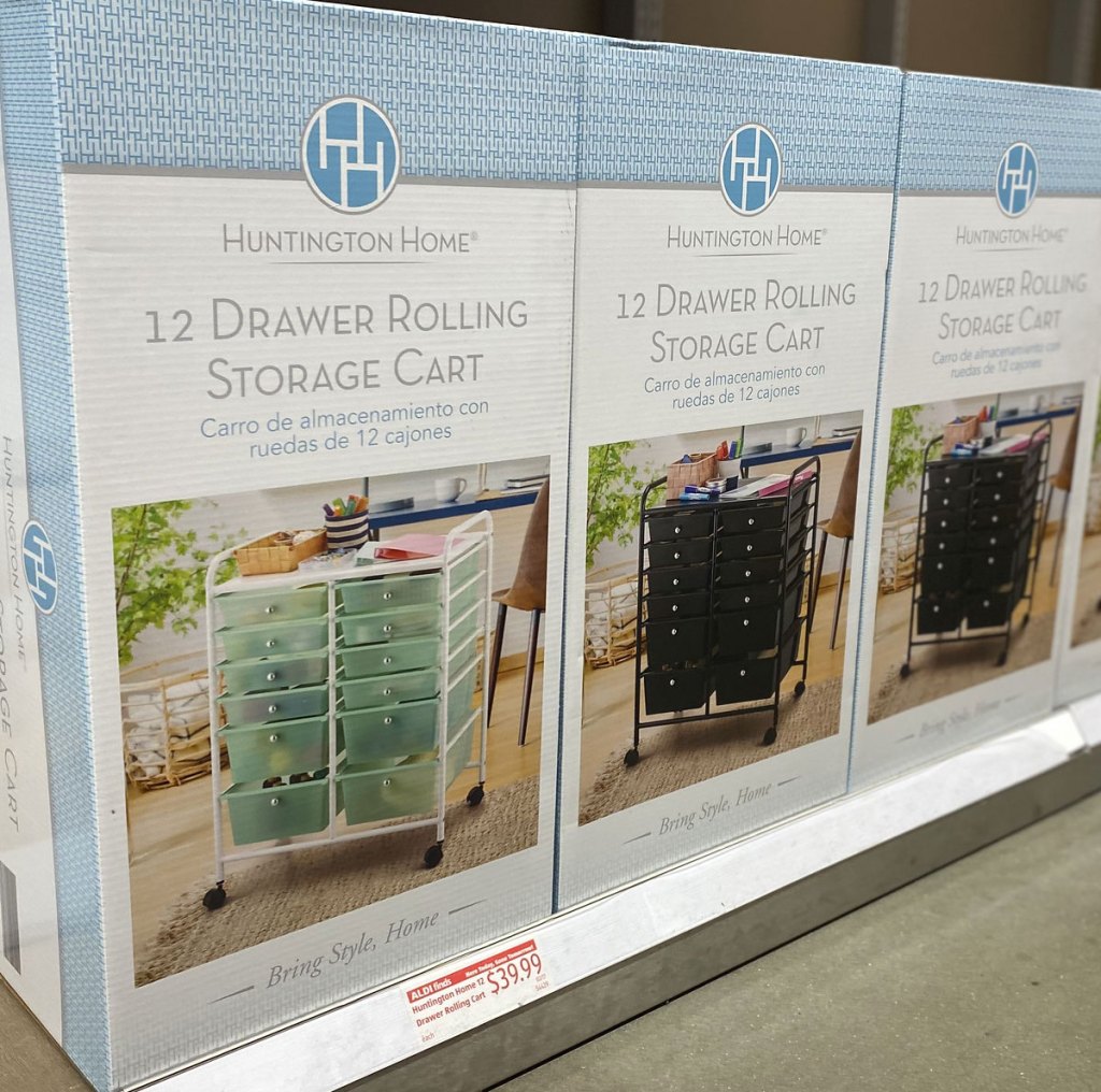 12 drawer storage carts in boxes on aldi shelf