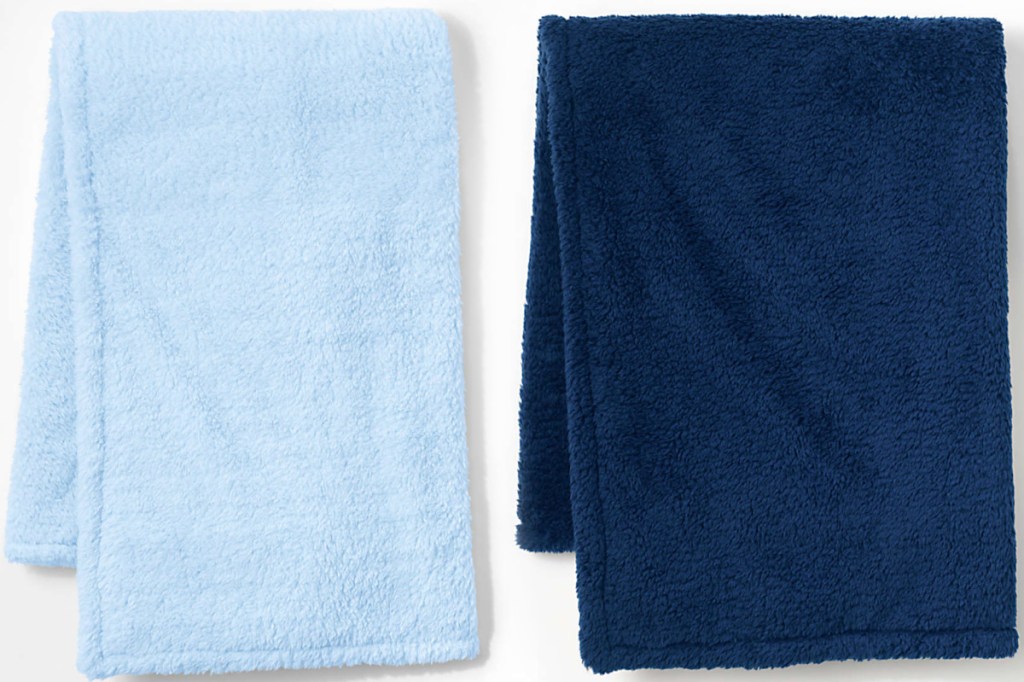 Lands' End brand fleece blankets in two shades of blue