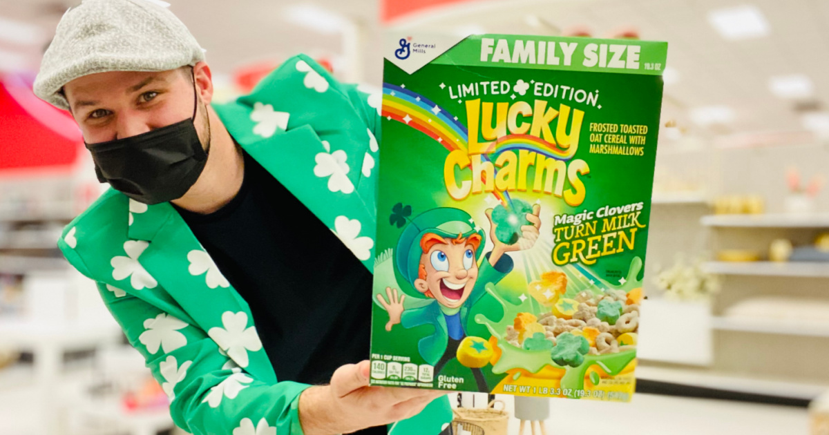 Man in St Patrick's day tux holding Lucky Charms cereal