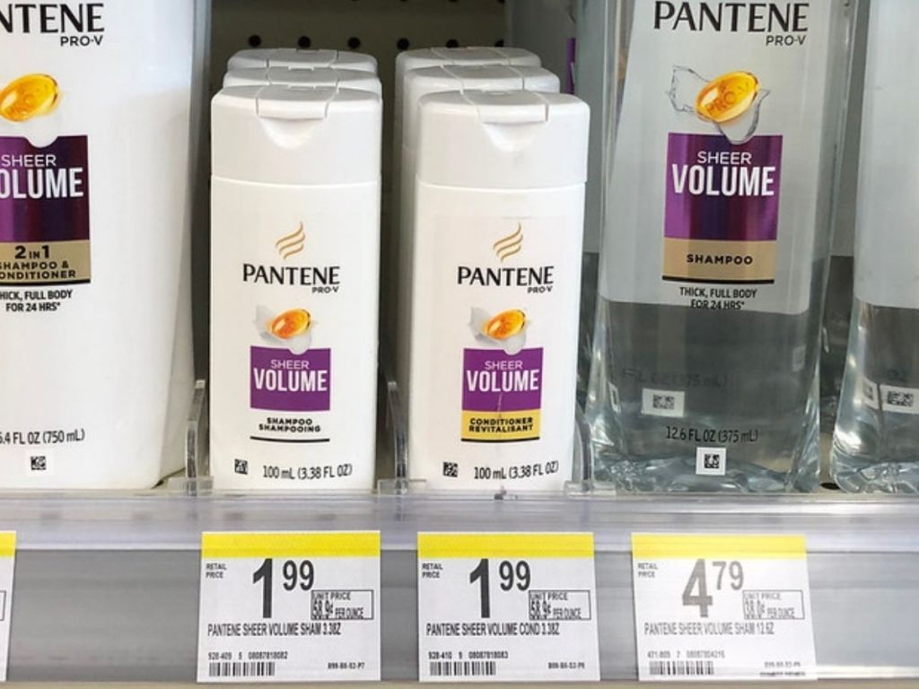 Store shelf with small bottles of Pantene Shampoo and Conditioners