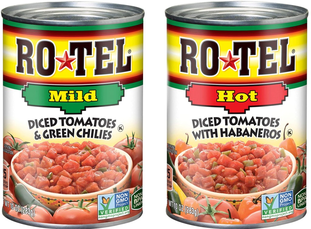 Two cans of Rotel in different flavors