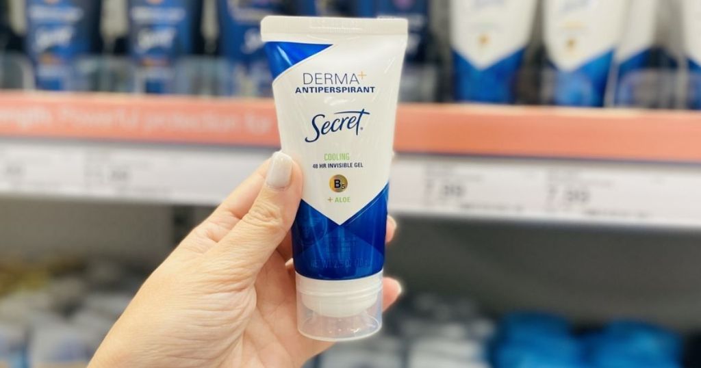 hand holding Secret Derma+ Antiperspirant in store