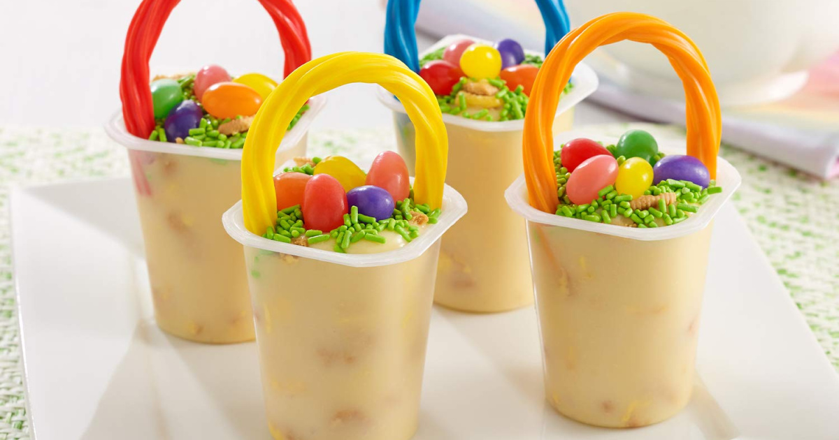 lemon flavored pudding cups made to look like Easter baskets