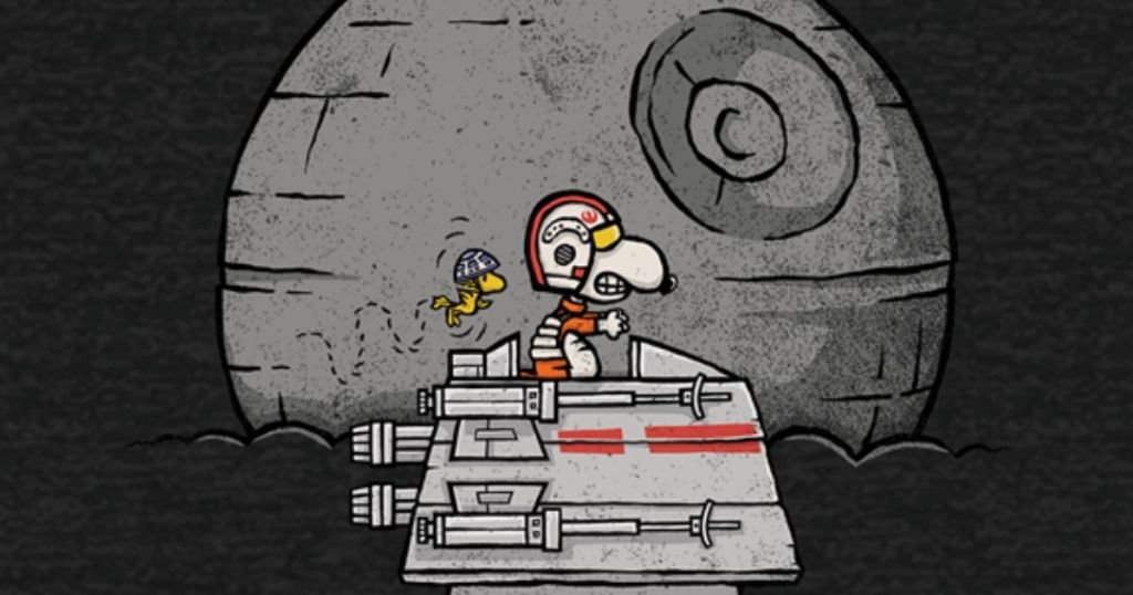 Snoopy on his house with the death star behind him