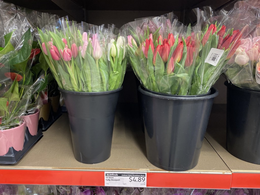 10 stem tulips bouquets in store at ALDI