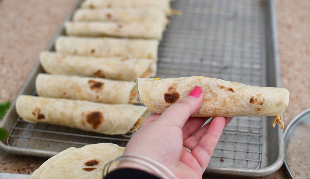 hand holding jalapeno cream cheese chicken taquitos