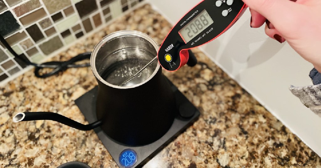 woman using food thermometer to check water temperature