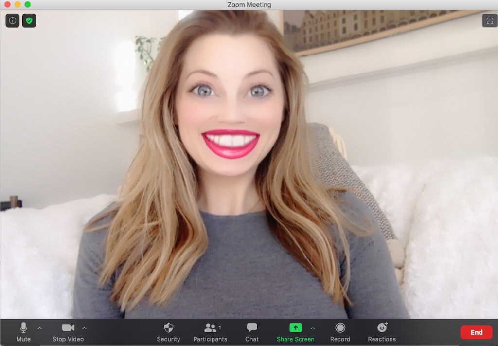 woman with fake lips smiling for funny zoom background