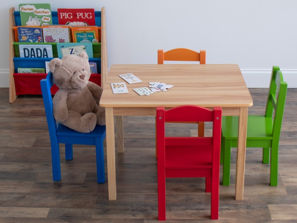 children's table, chairs, and bookshelf