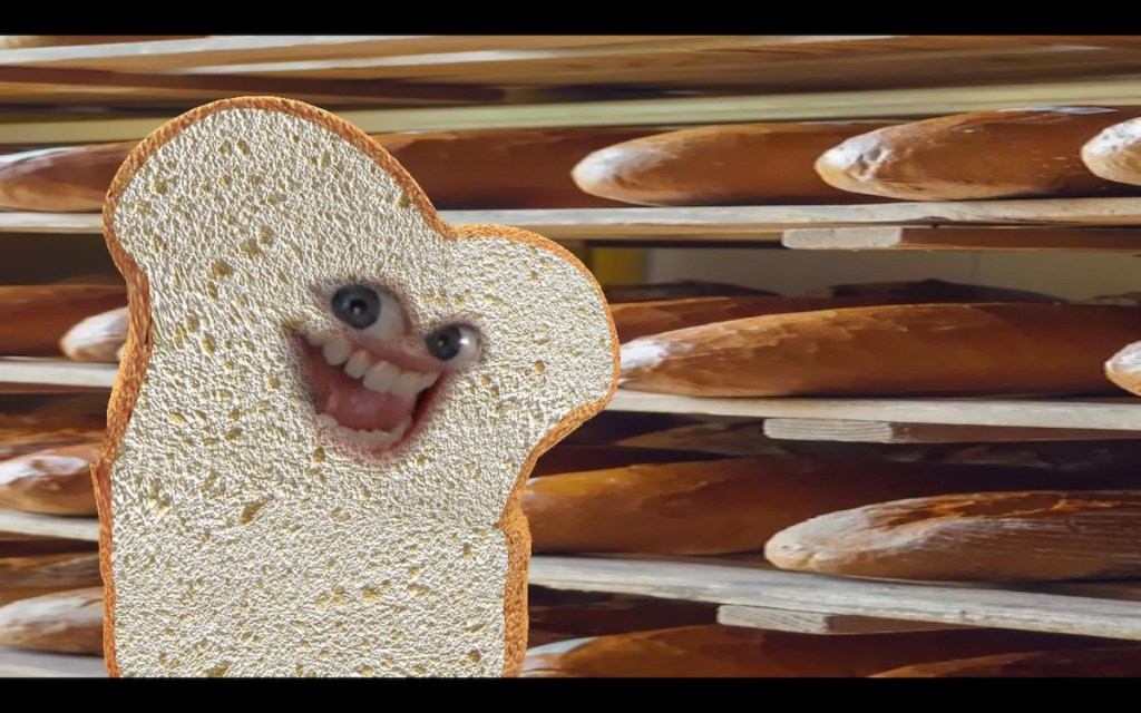 funny piece of toast bread with funny zoom bakery background