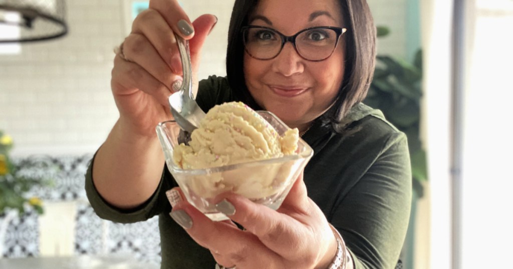 woman serving edible cookie dough