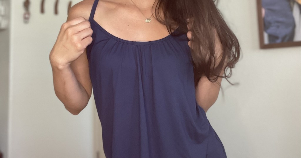 woman wearing camisole tank top in blue