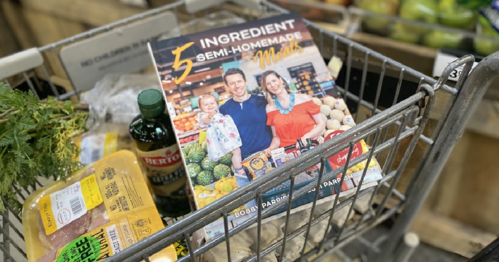 5 Ingredient Meals Cookbook in cart full of groceries