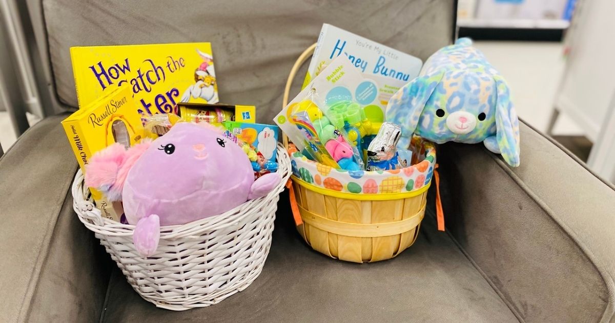 two Easter Baskets on chair at target