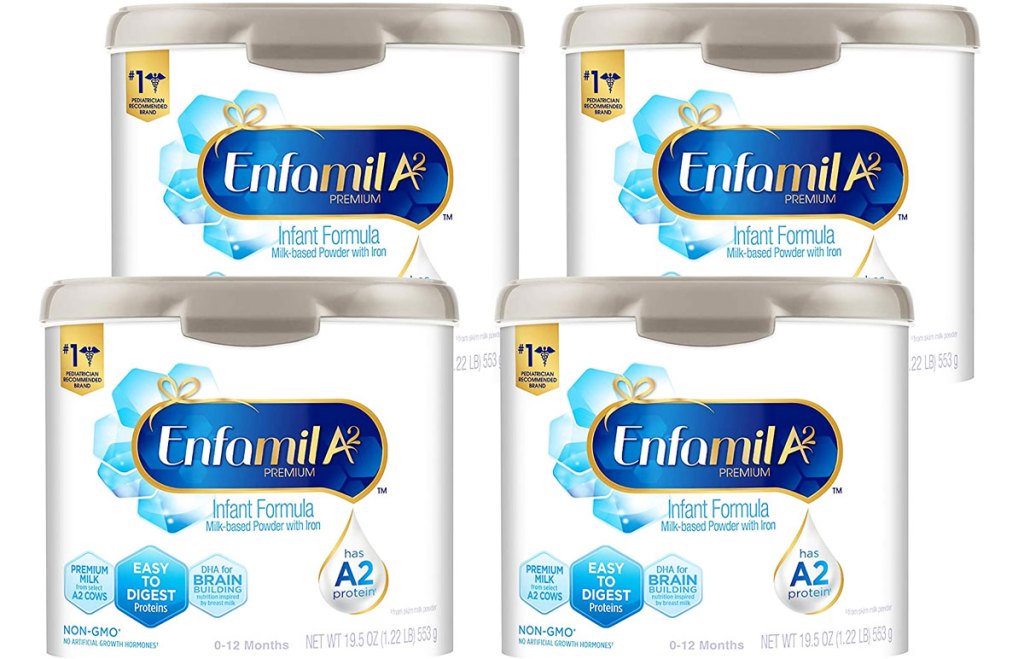 four containers of Enfamil A2 Premium Infant Formula