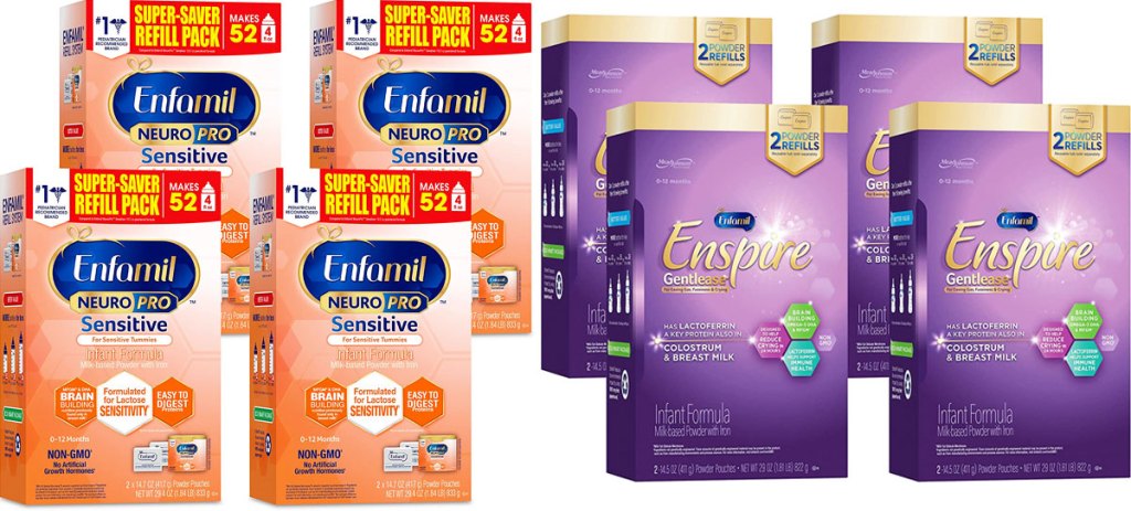 two 4-pack sets of Enfamil Formula Powder Refill Boxes