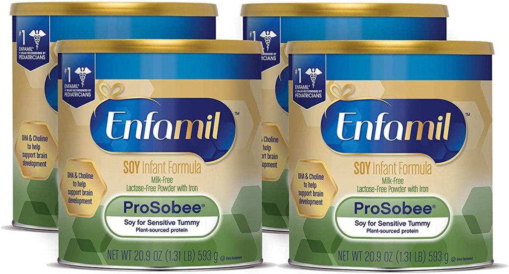 four containers of Enfamil formula