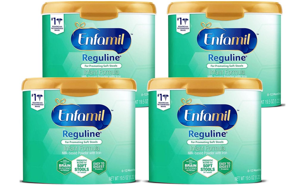 four containers of Enfamil Reguline Infant Formula