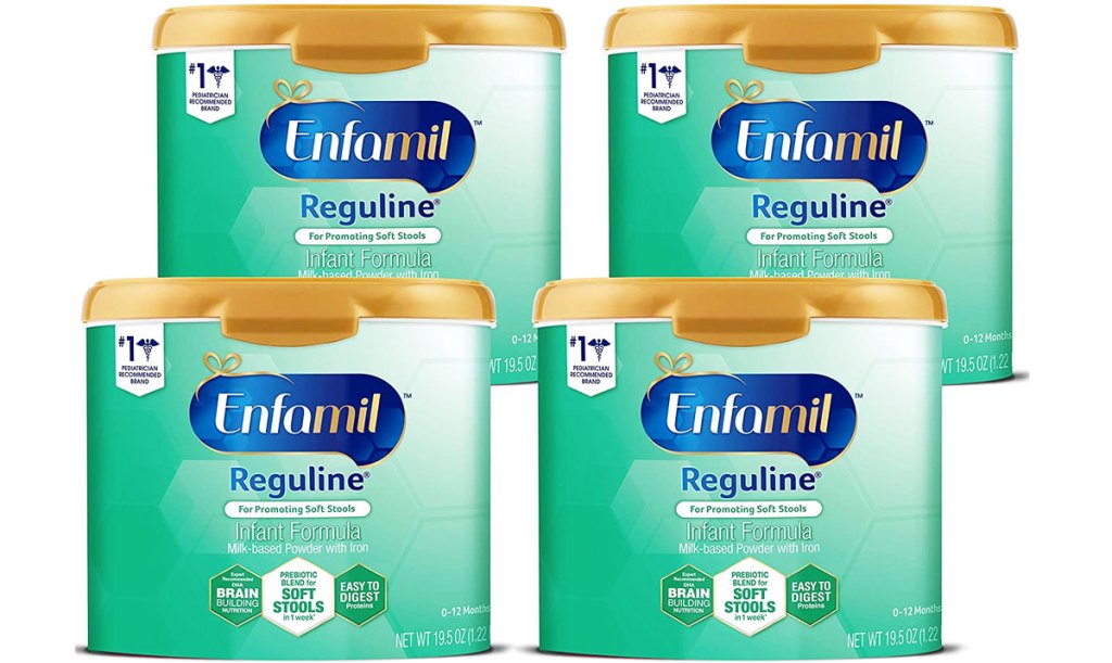 four containers of Enfamil Reguline Infant Formula