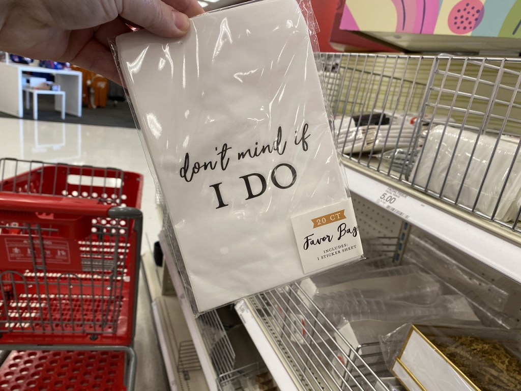 Favor Bags held up in front of Target cart