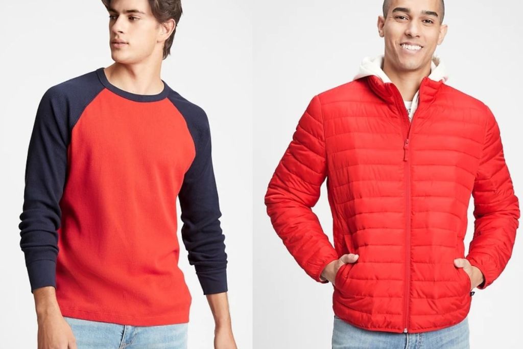 men wearing red GAP Factory Mens Tee and Puffer JAcket