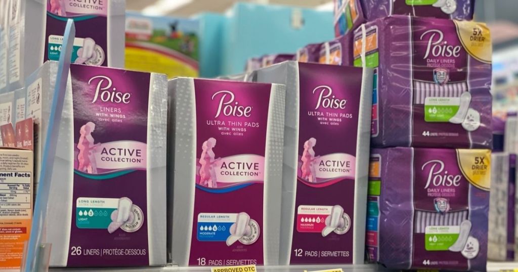 Poise Pads and liners on shelf in store