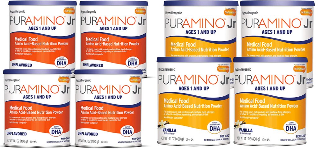 two 4-pack cans of Puramino infant formula