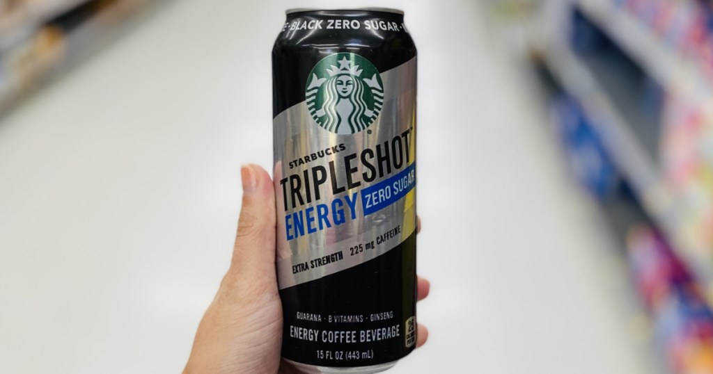 hand holding a can of starbucks tripleshot zero at walmart 