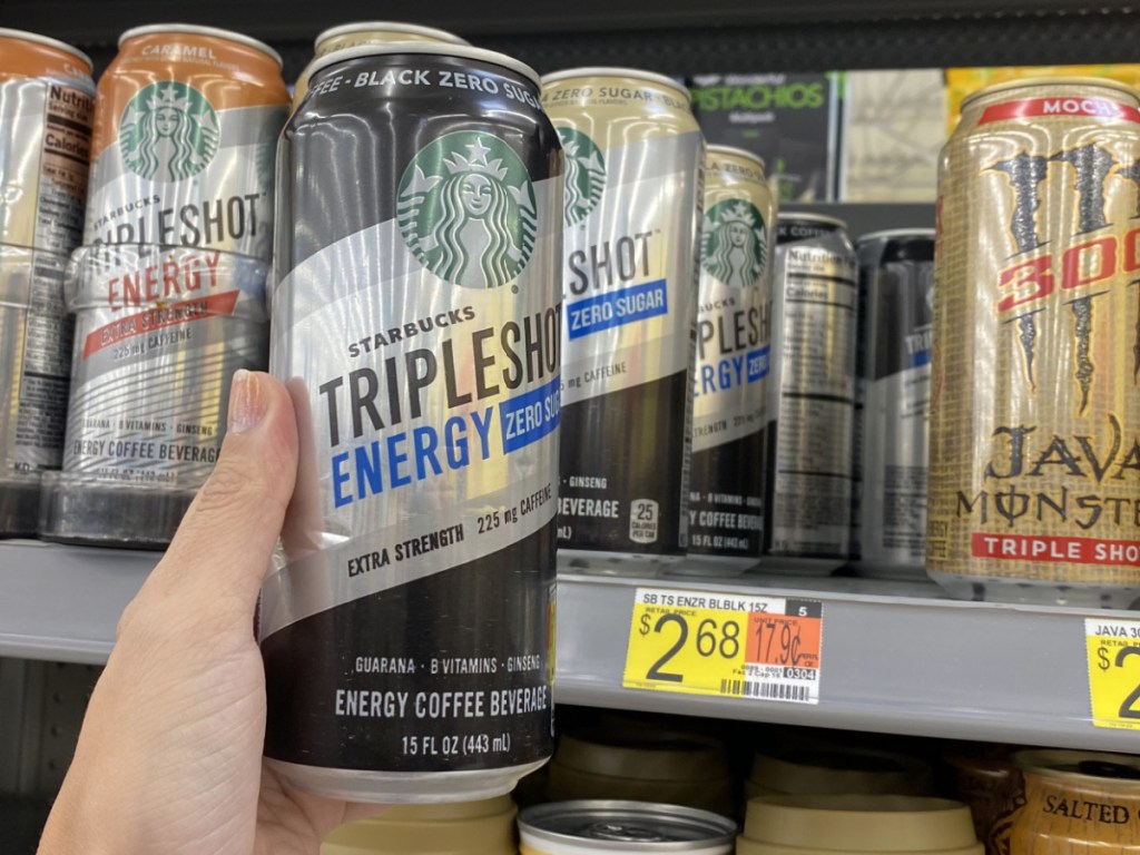 hand holding starbucks tripleshot zero at walmart 