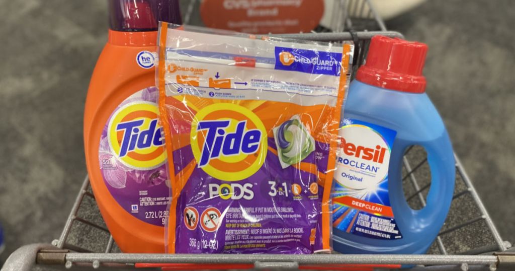 three laundry detergent products in basket 