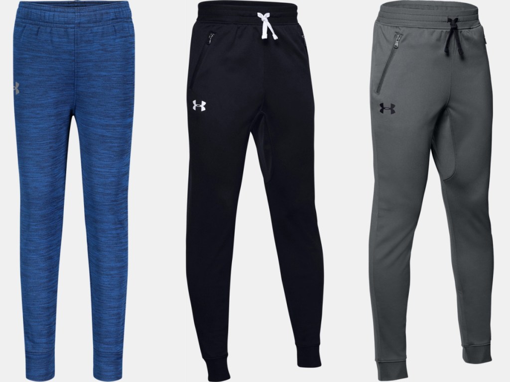 boys blue joggers, boys black joggers, and boys gray joggers