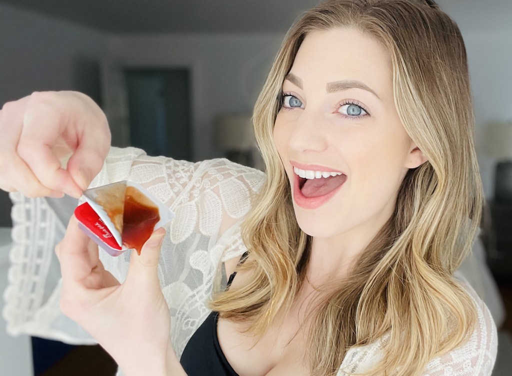 woman opening bbq sauce self tanner april fool prank