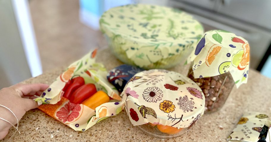 various bowls on counter with bees wraps on top