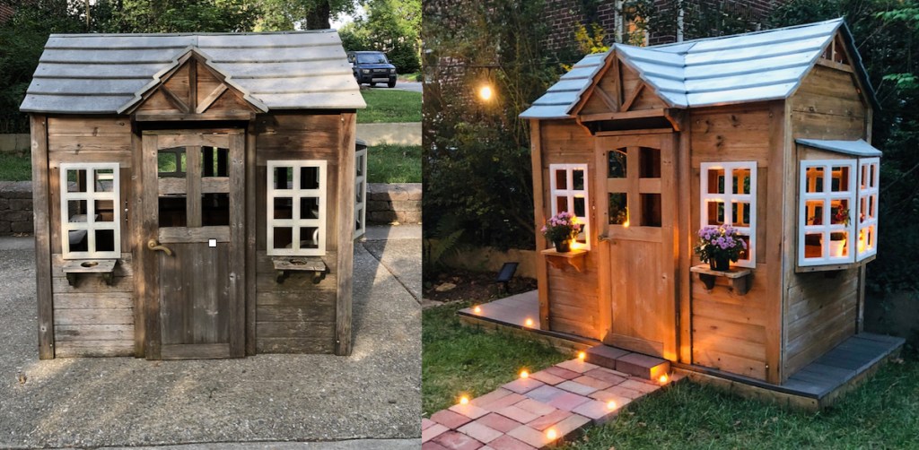 before and after of wooden playhouse makeover from bulk trash day