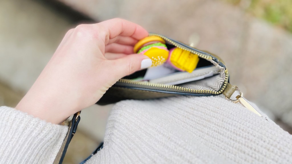 hand putting miniature burger in purse