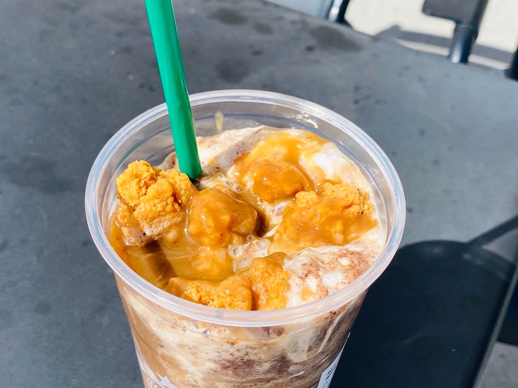 close up of Starbucks april fools prank chicken gravy frapp