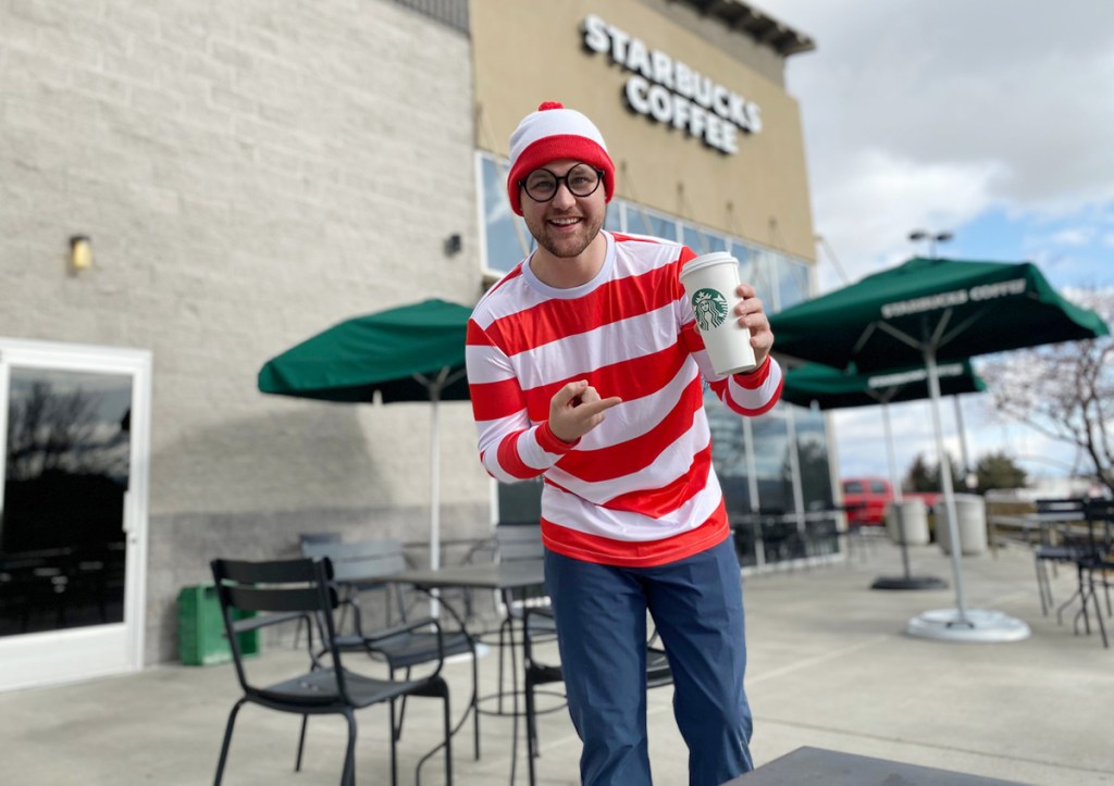 man at Starbucks in red and white striped shirt