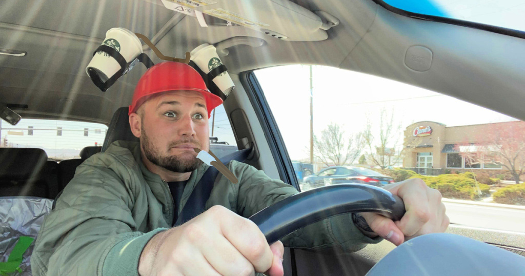 man in a coffee guzzler helmet april fools prank 