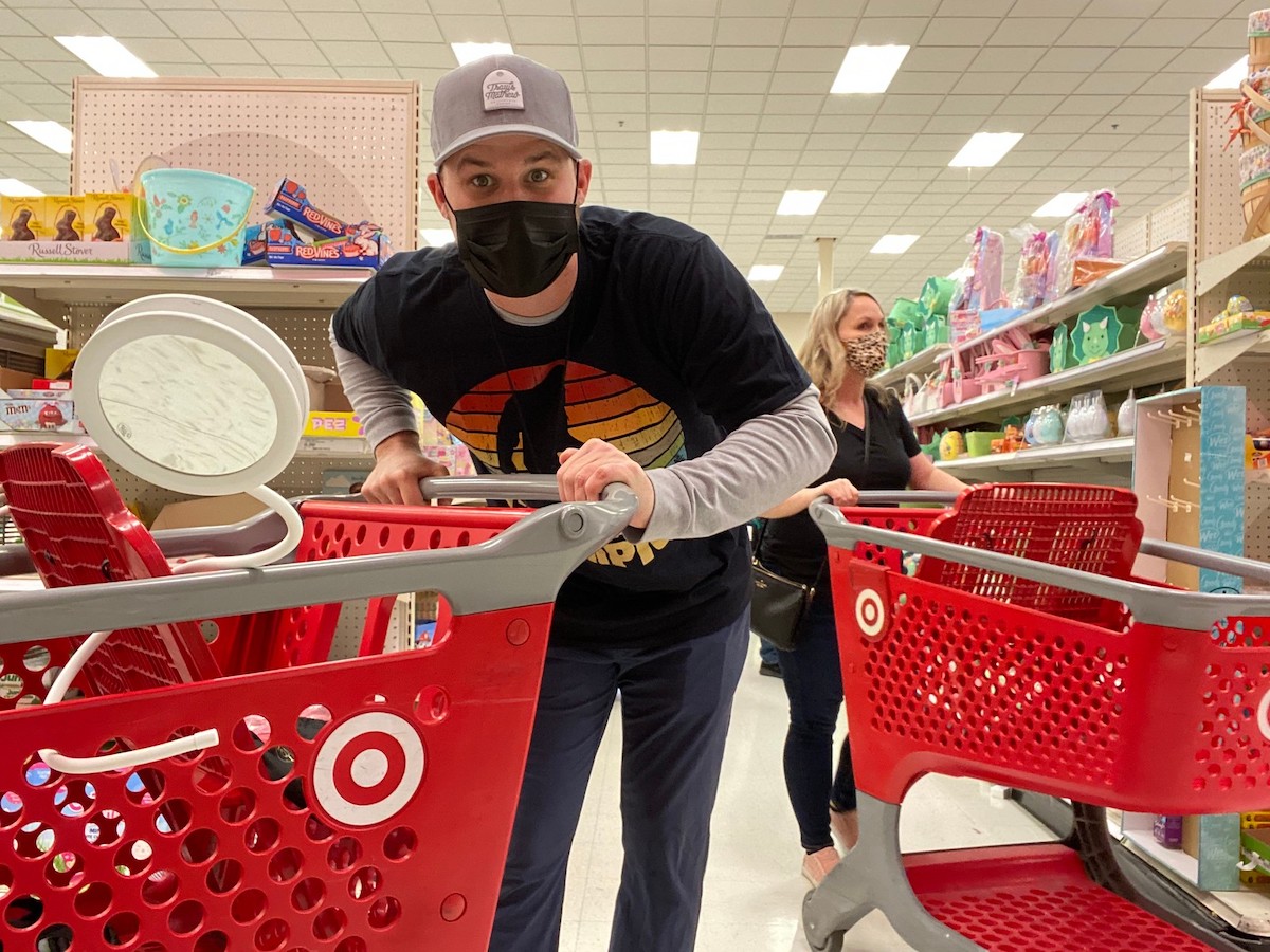 man with target cart and mirror april fools prank