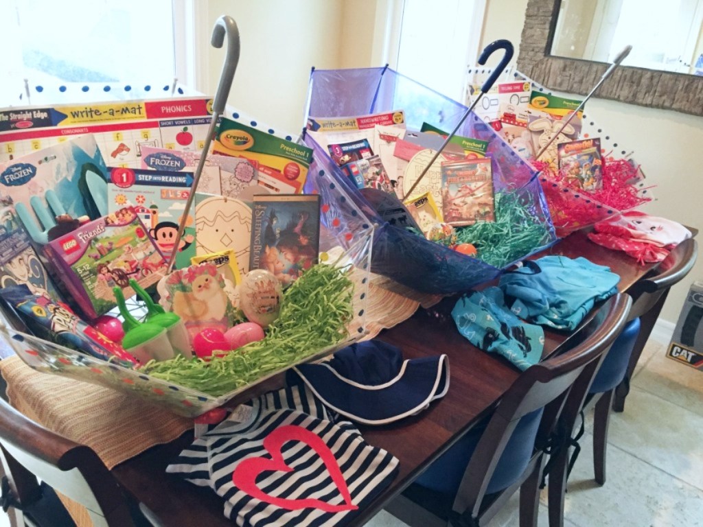 3 umbrellas being used as Easter baskets