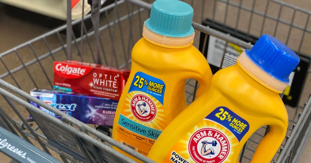 toothpaste and laundry detergent in cart