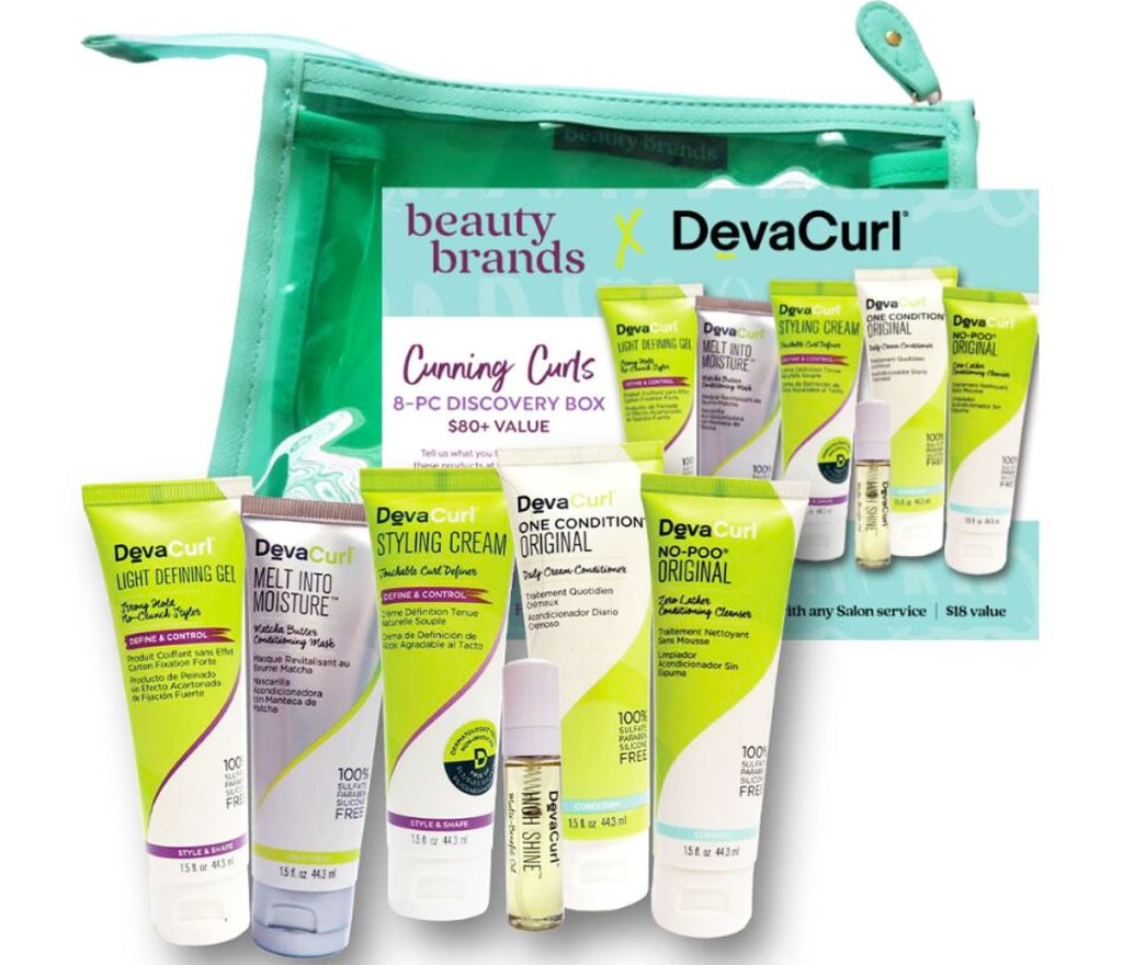 green makeup bag with devacurl samples