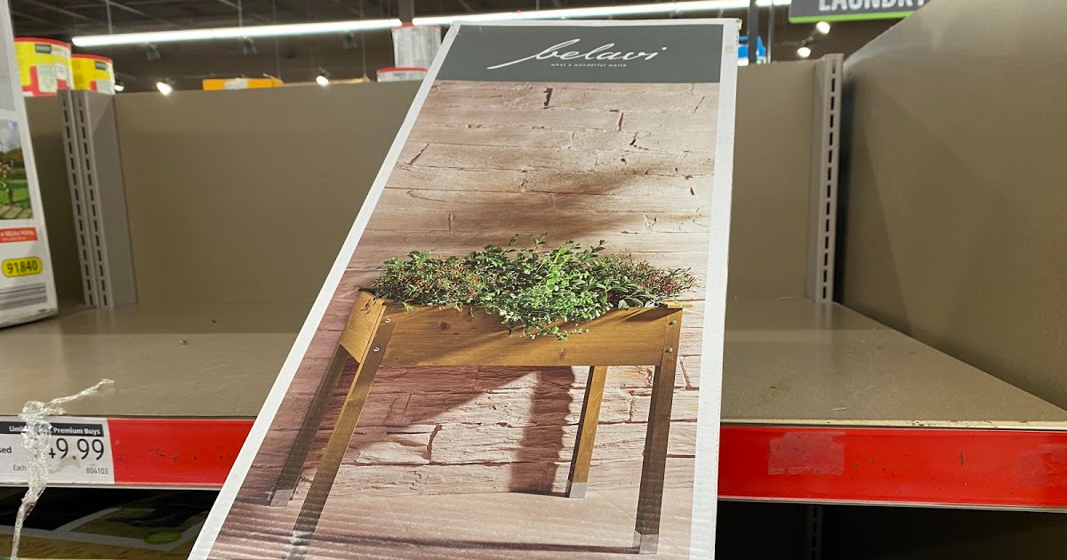 Belavi Wooden Raised Planter on ALDI shelf