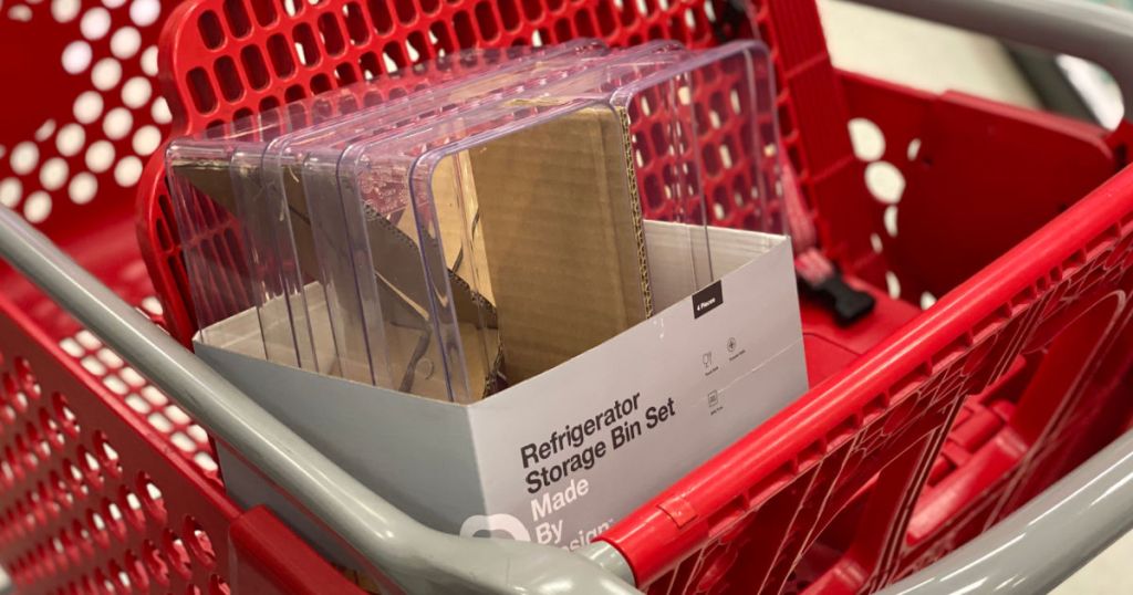 clear storage bins in red cart 