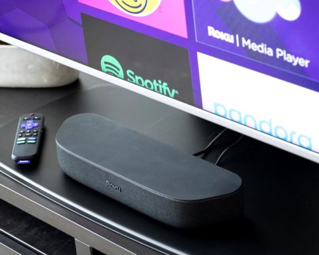 Roku Streambar with Remote near TV