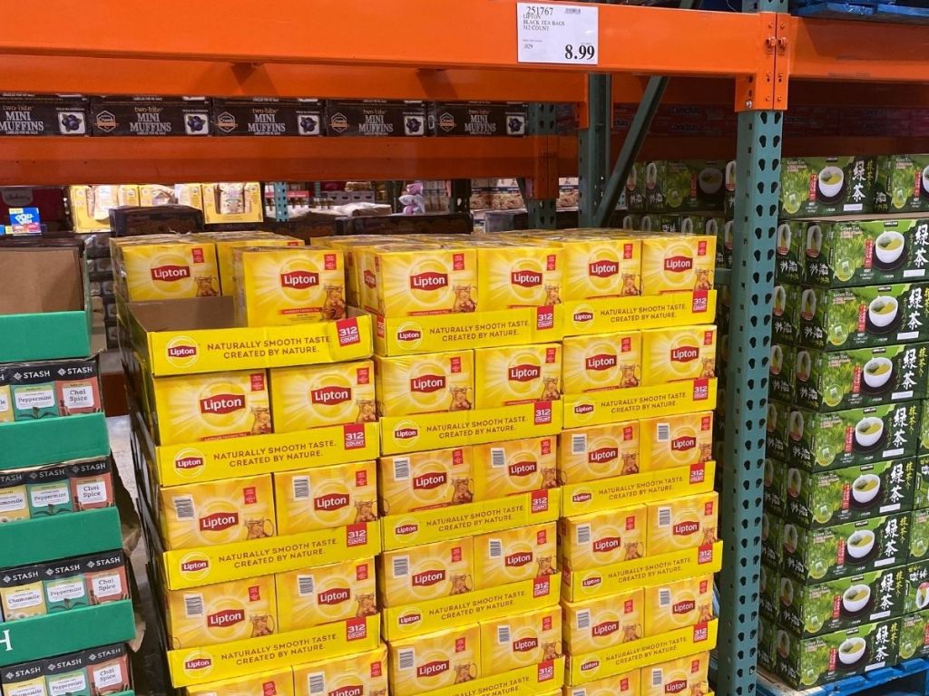 Lipton tea bags on palette in Costco