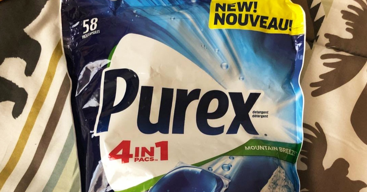 purex laundry detergent pacs in a blue and white bag