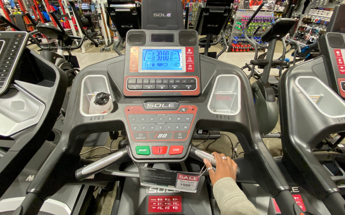 control panel of SOLE F80 treadmill at Dick's Sporting Goods