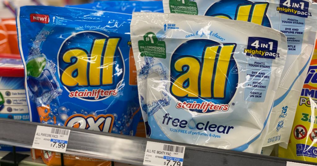 laundry pods packages on shelf 