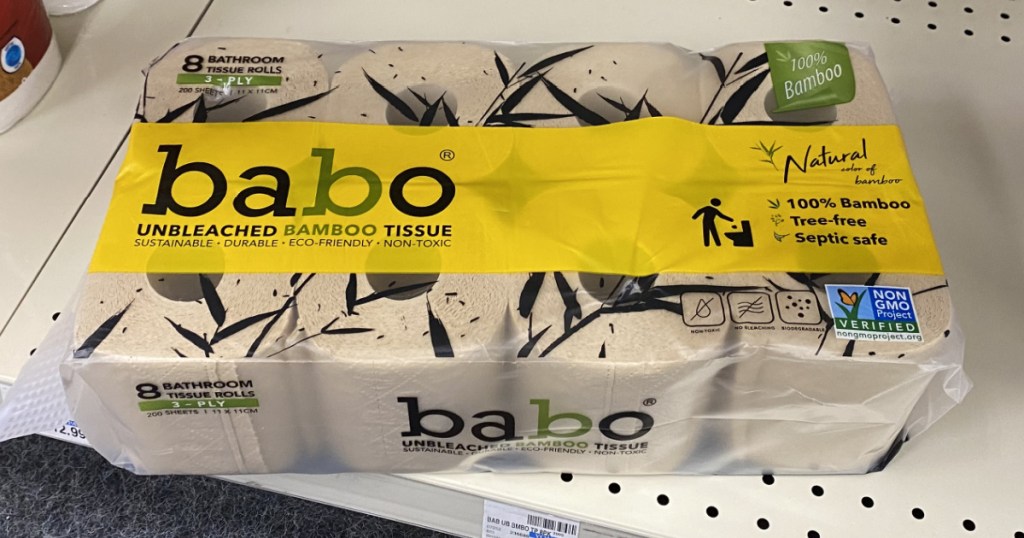 pack of toilet paper on store shelf